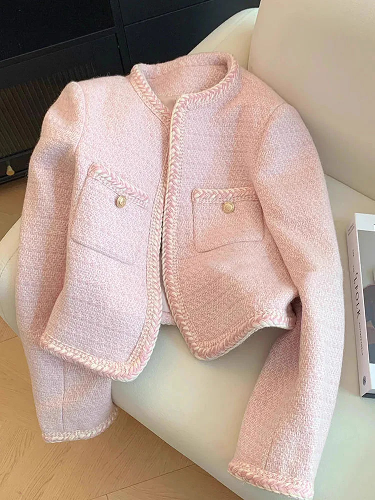 Jmprs Women Sweet Pink Tweed Jackets Elegant Fashion Long Sleeve Patchwork Korean Coat Casual High Quality Open Stitch Outwear 250208
