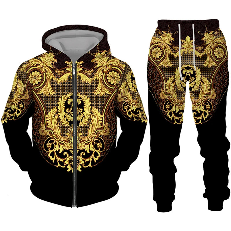 Golden Pattern 3D Print Mens Zipper Tracksuit Set Casual HoodiePants 2pcs Sets Oversized Sweatshirt Fashion Men Clothes 250226