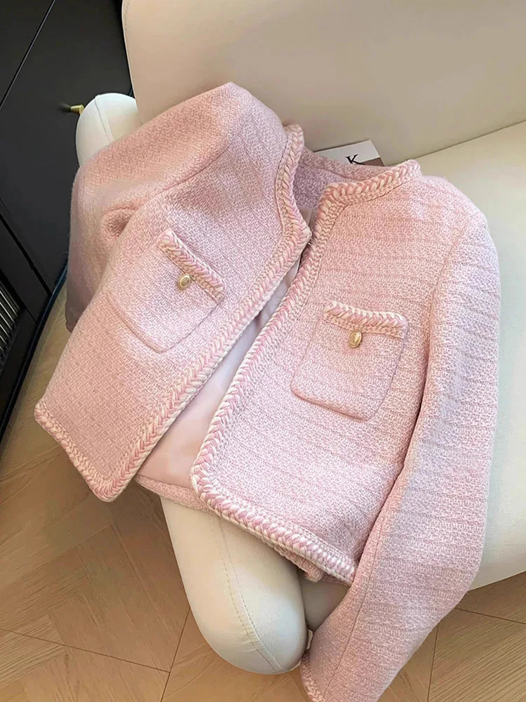 Jmprs Women Sweet Pink Tweed Jackets Elegant Fashion Long Sleeve Patchwork Korean Coat Casual High Quality Open Stitch Outwear 250208