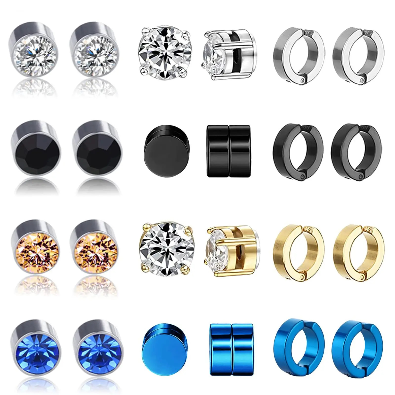 4-12 Pairs Stainless Steel Magnetic Cubic Zirconia Stud Earrings Clip on Non Piercing Hoop Earrings Set for Men Women 250210
