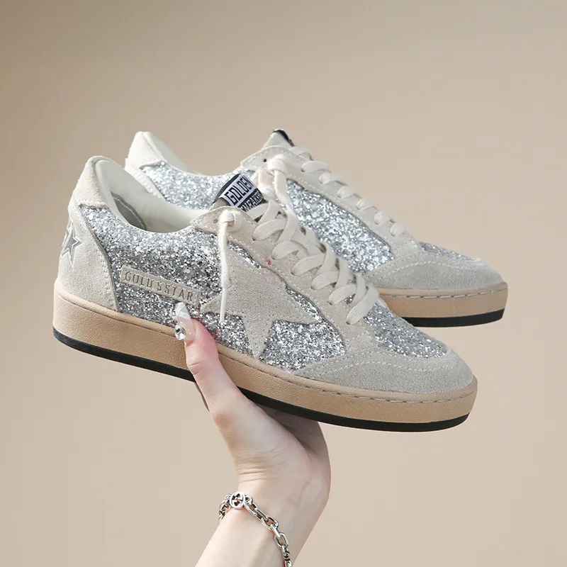 Women Casual Shoes:Korean Version Genuine Leather Fashion Versatile Flat Bottom Sequined hot Star Lace-up Trendy Shoes,Sier,Free shipping
