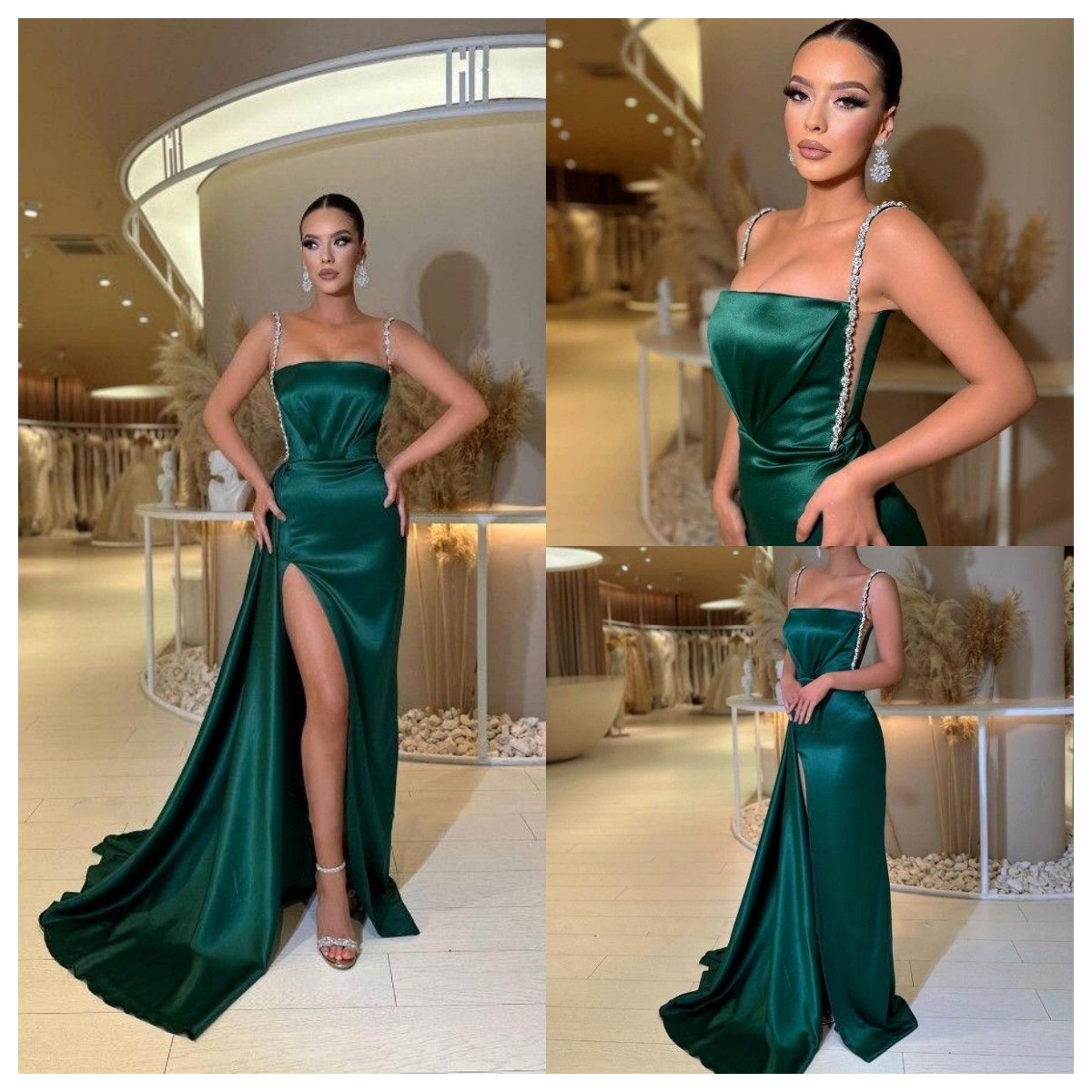New Dark Green Spaghetti Straps Satin Evening Dresses Beads Sequins Dress with High Thigh Slit Satin Formal Prom Gowns BC16449 0210