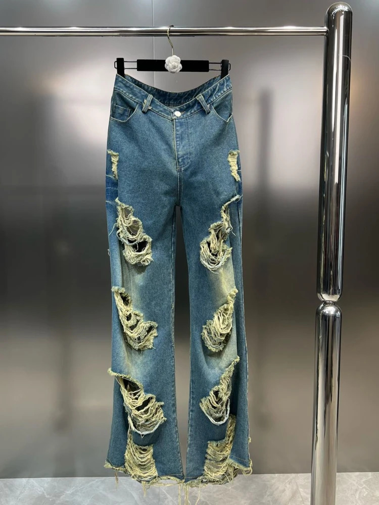 Vintage Street Denim Suit Autumn Ripped Tassel Loose Blazer CoatWide Leg Casual Jeans Straight Pants Two-Piece Set 250210