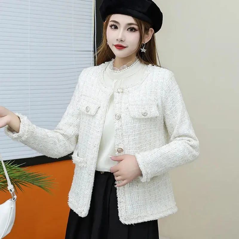 Autumn Winter Vintage Pink Tweed Women Blazers Lady Small Fragrance Jacket Coat Korean Woolen Coats Elegant Female Outerwear 250208