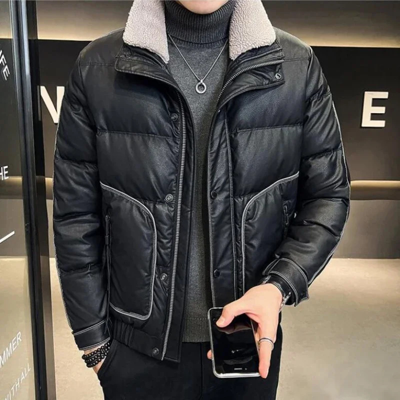 Lapel Short Thicken Warm Large Size Outwear Business Casual Solid Color Outcoat Winter Men Leather Down Jacket Male Fashion 250109Z