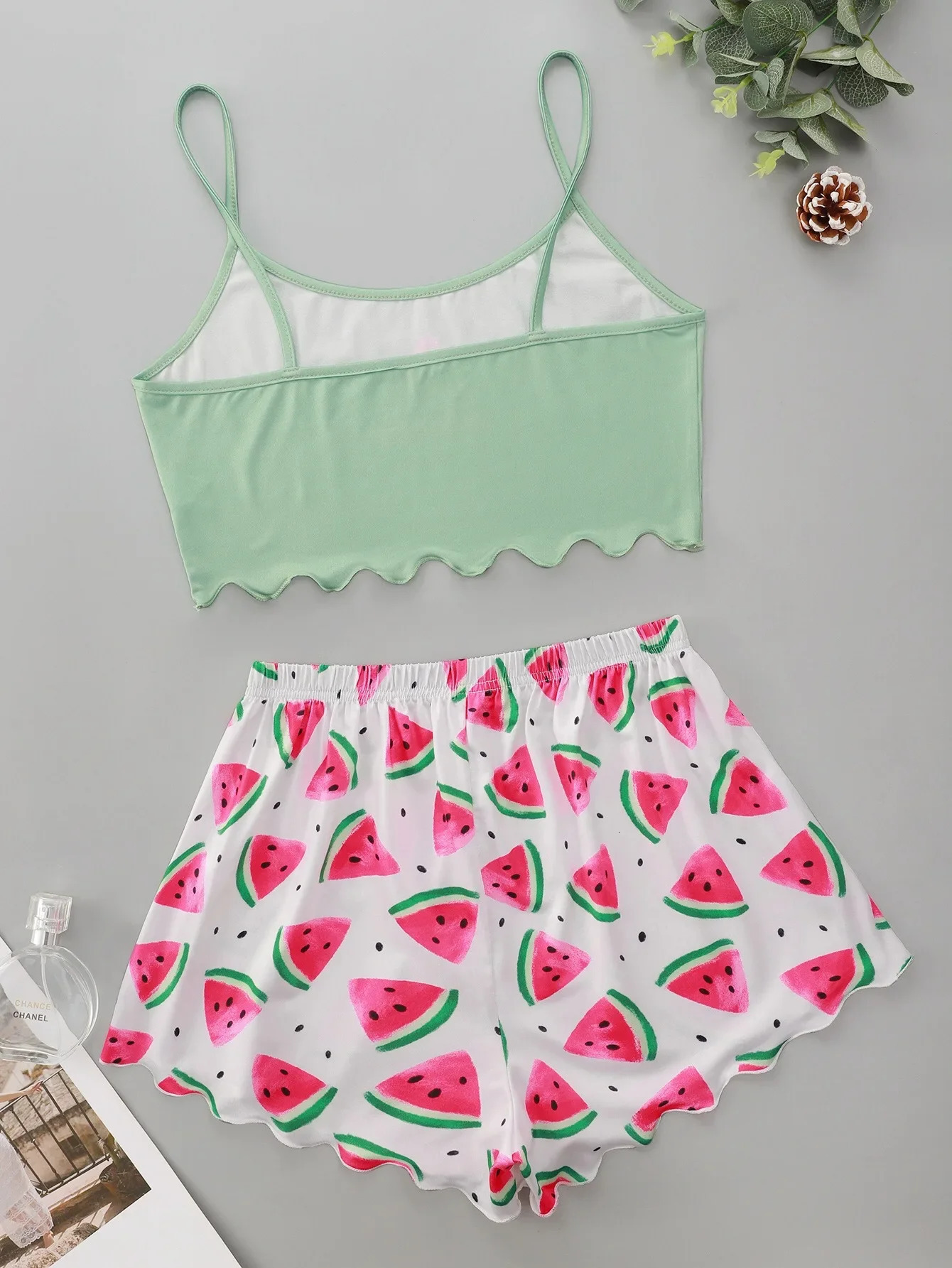 Watermelon Lettuce Women Pajama Set Sleeveless O Neck Crop Top Elastic Waist Shorts 2 Pieces Female Sleepwear Summer Nightwear 250210