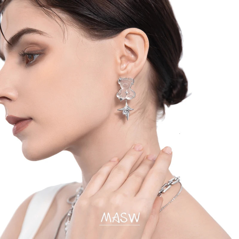 MASW Trendy Jewelry Little Bear Earrings Trend Original Thick Silver Plated Asymmetric Star Earrings For Girl 250210