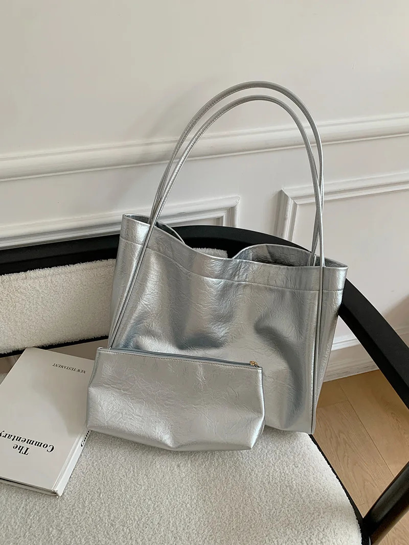 Casual large capacity Commuting women shoulder bags soft pu lady purses and handbags big silver 250207