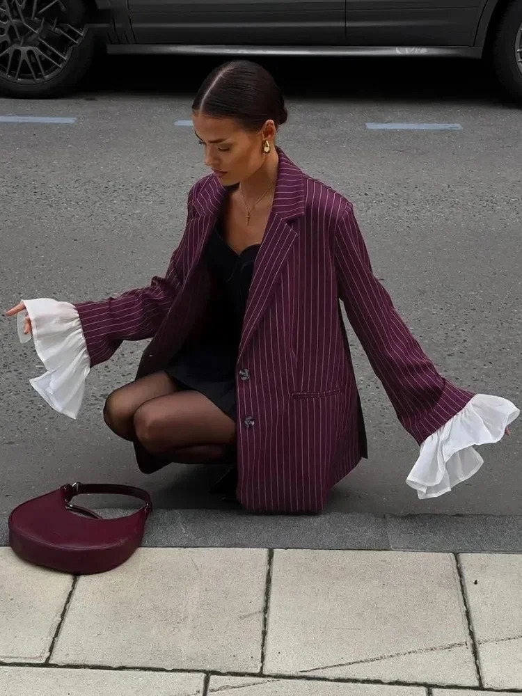 Trendix Loose Fashion Burgundy Blazer Womens 2024 Winter Lapel Patchwork Long Sleeve Stripe Jackets Street Casual Eelgant Coats 250208