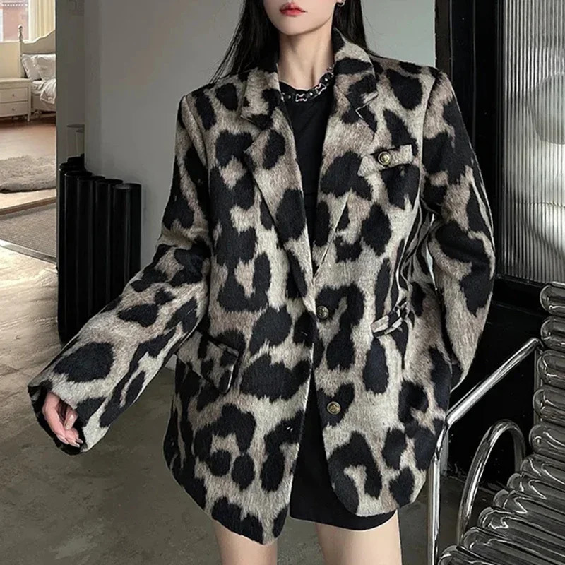 Leopard Print Women Jacket Autumn Winter Chic Office Lady Coat 2024 Vintage Fashion Long Sleeve Pocket Female Blazers Jacket 250208