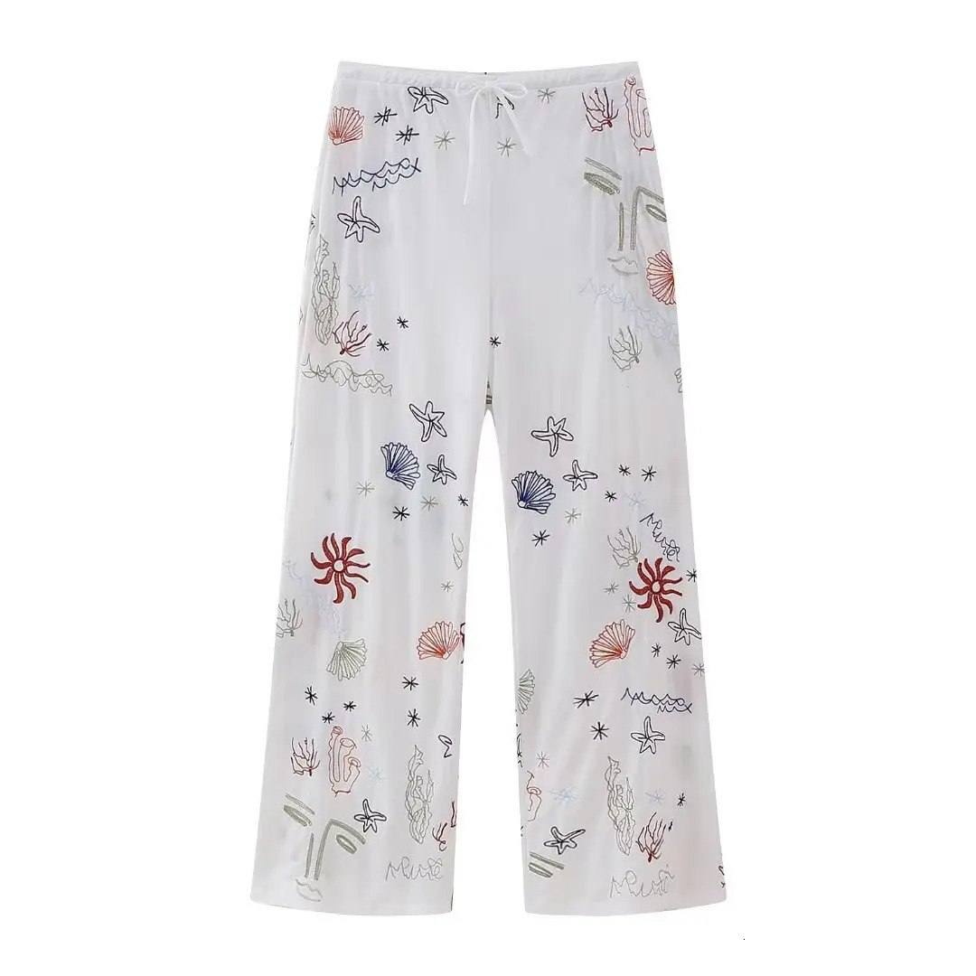 Casual High Waist Pants Suits Ladies V-neck Short Sleeve Tops Tee Summer Two Piece Floral Embroidery Pants Sets for Women 250210