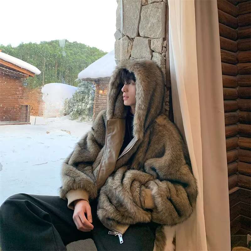 Men's Outerwear Pi Shuai Winter Autumn/Winter Men New Style Fox Imitation Fur Leather Fashion Loose Thick Warm Coat Commuter