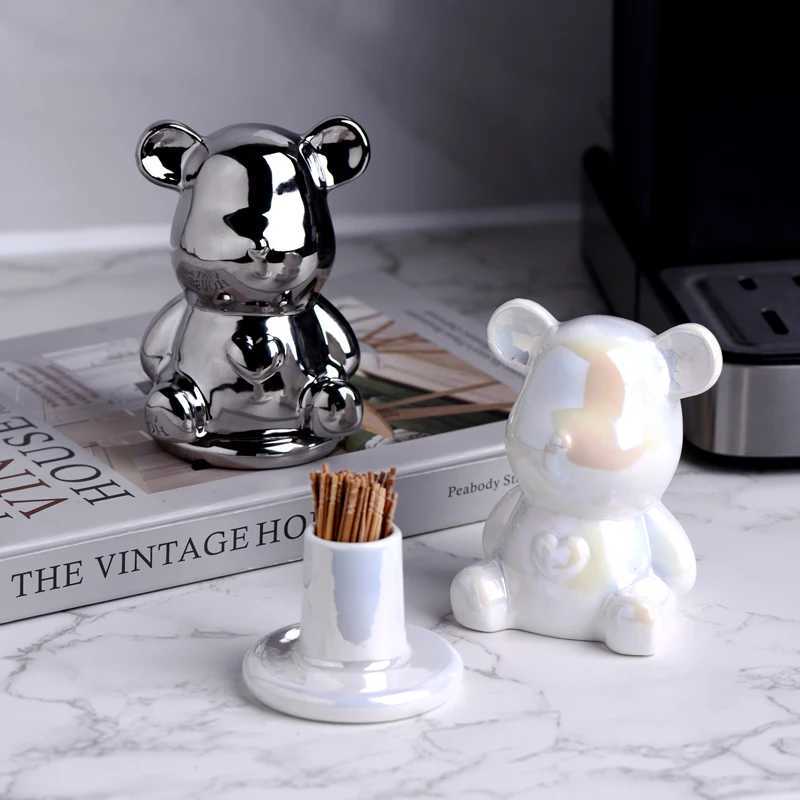1 piece of ceramic toothpick holder cute shaped cotton toothpick holder with a caring teddy bear fashionable he decoration Y250210