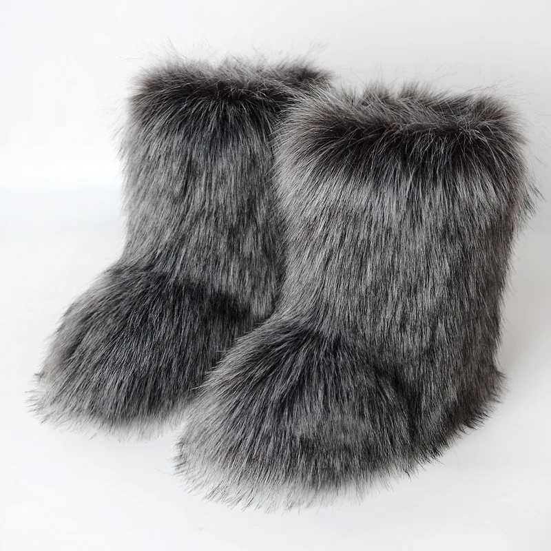 Women Faux Fur Winter Fluffy Plush Warm Mid Calf Snow Fashion hot Furry Boots Comfortable Outdoor Flat ShoesC250210
