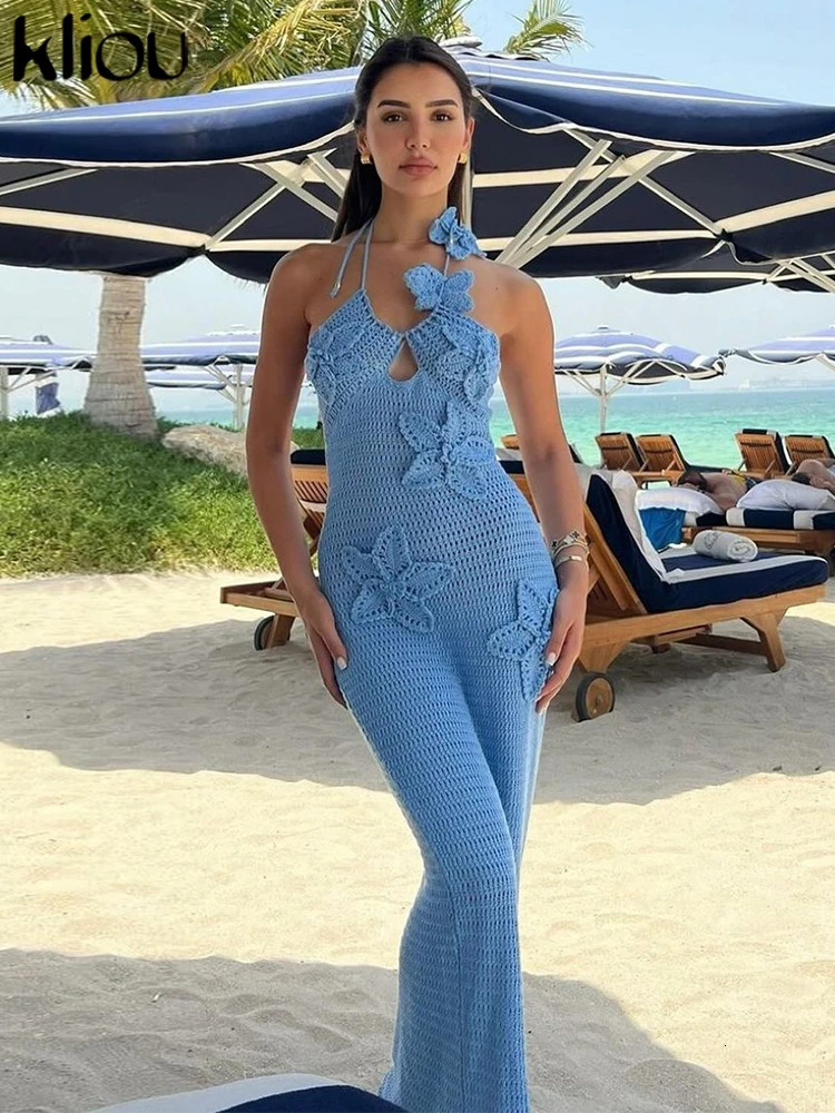 kliou Knitted Halter Maxi Dresses Women Floral Patchwork Crochet Sleeveless Bodycons Mujer Elegant Holiday High Street Vestidos 250208