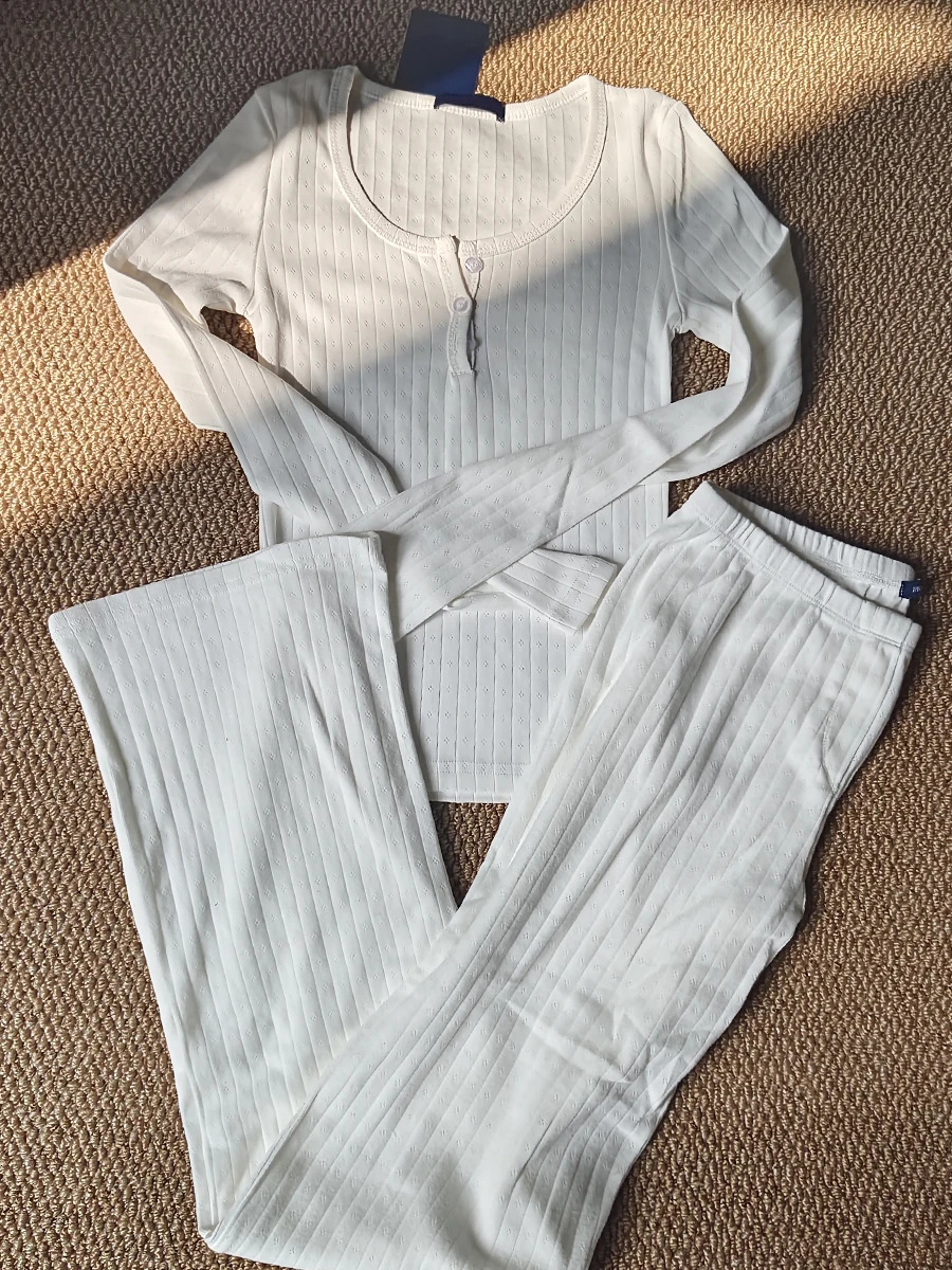 Eyelet White T-shirt Pant Pajama Set Woman Buttons Long Sleeve TeeElastic Waist Straight Trousers Cotton Home 2 Piece Sets Y2k 250210