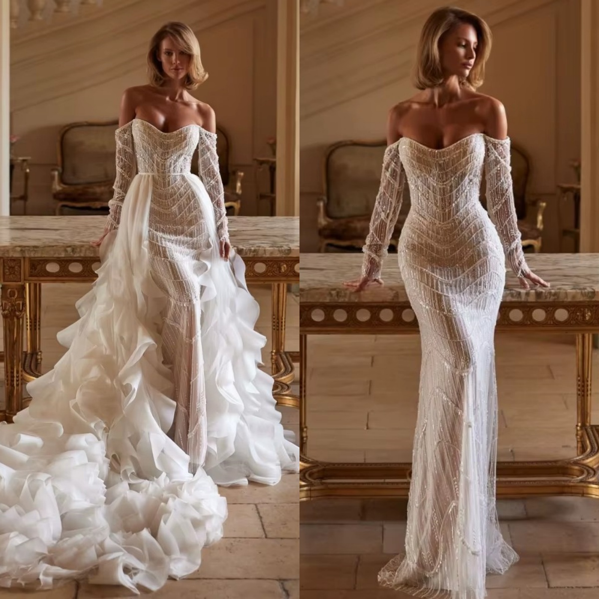 Fashion Mermaid Wedding Dress Off Shoulder Long Sleeves Bridal Gowns Sequins Ruffles Detachable Train Dresses Custom Made vestidos de novia