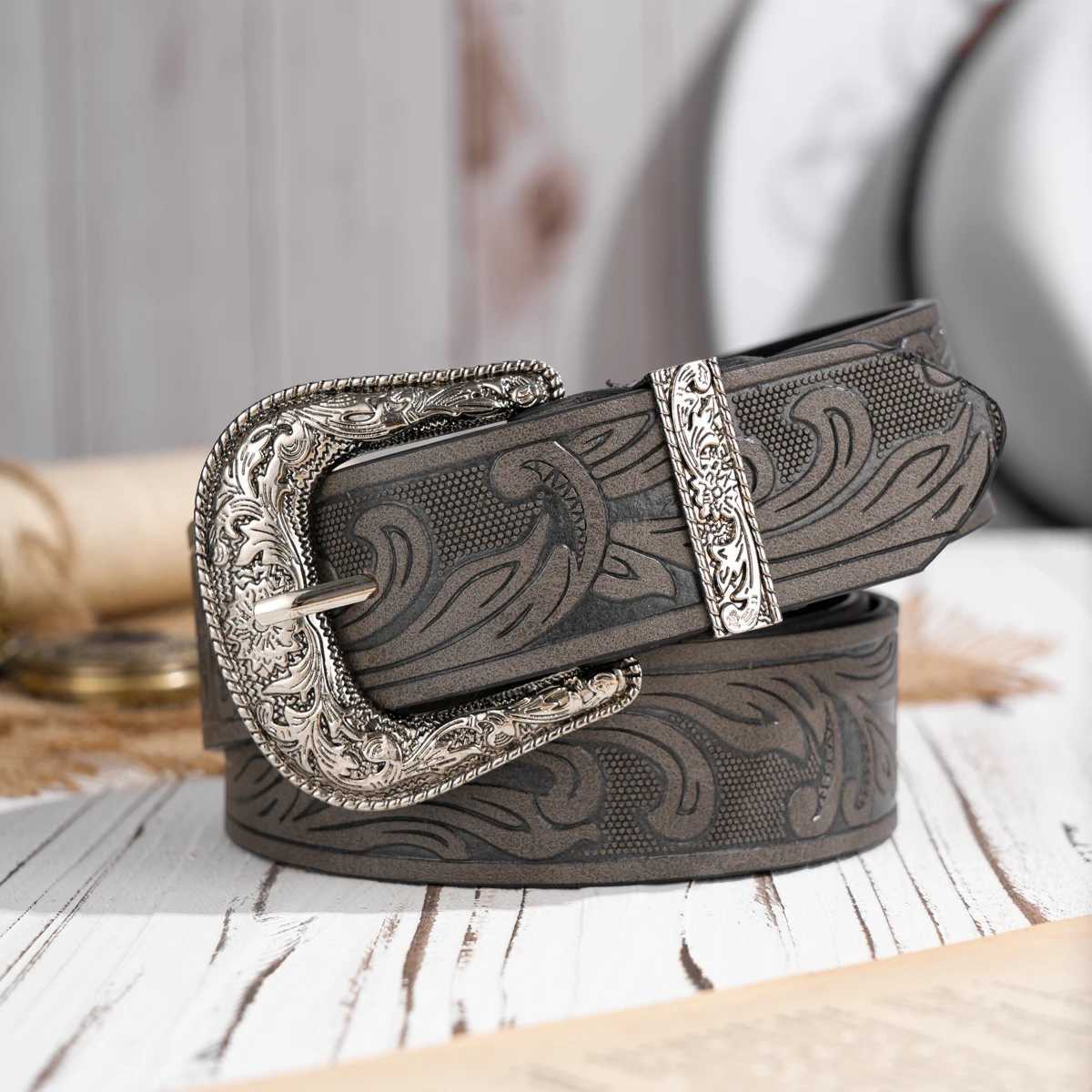 Western Cowboy PU Leather Belt - Men Waist Str Bull Decoration Floral Engraved for JeansXJ250210