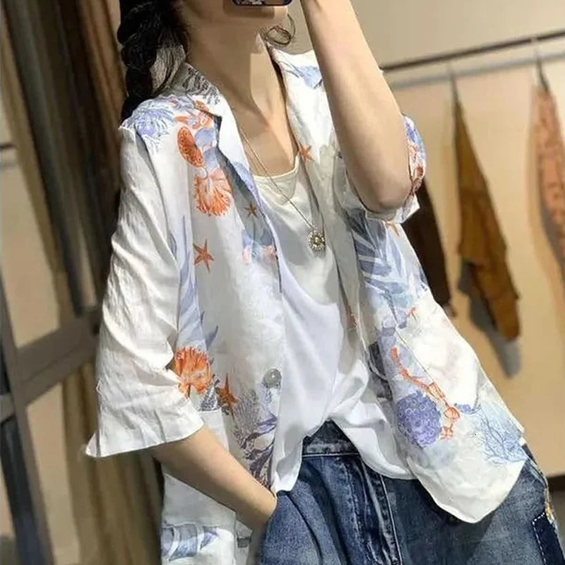 Blazers Women Print Single Button Notched Loose Elegant Stylish Casual All-match Summer Breathable Thin Cool Fashion Daily 250206