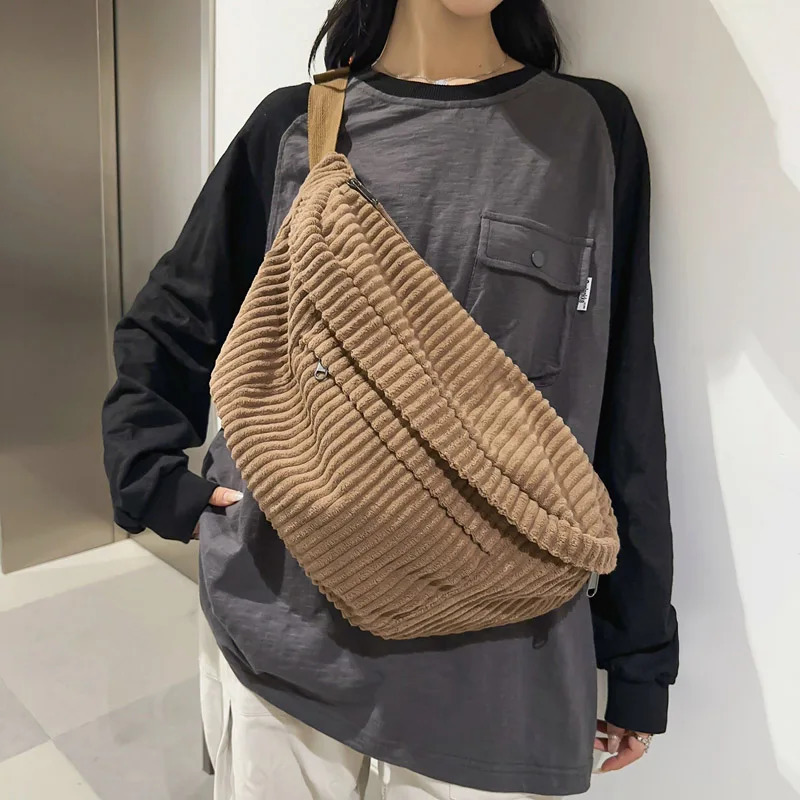 Large Capacity Corduroy Women Waist Pack Casual Fanny Pack Academic Style Chest Bag Unisex Shoulder Crossbody Bag Waist Belt Bag 250117