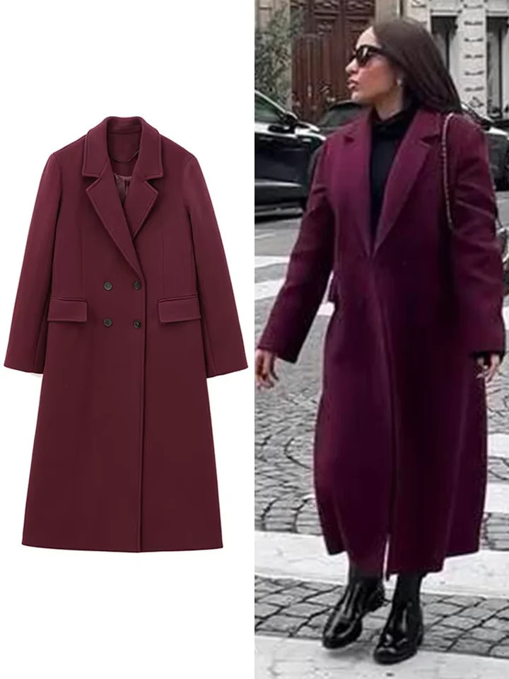 Street Womens Burgundy Woolen Overcoat With Belt Vintage Lapel Double Breasted Long Coat 2024 Autumn Winter Lady Chic Outwear 250109Z