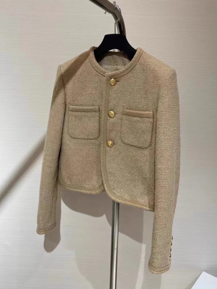 Autumn Womens Tweed Jacket Chic Single-Breasted Round Neck Elegant Wool Short Coat Femme Outwear Casacos 250208