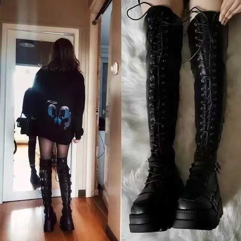 Fashion High Boots Women Platform Wedges Motorcycle Boot Over The Knee Army Stripper Heels Black Lace-up Belt Buckle Long BootsC250210