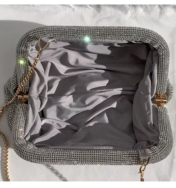 High Quality Fashion Shiny Rhies Dia Evening Clutch Bag Pleated Women Handbag Wedding Party Glitter Bg Purse