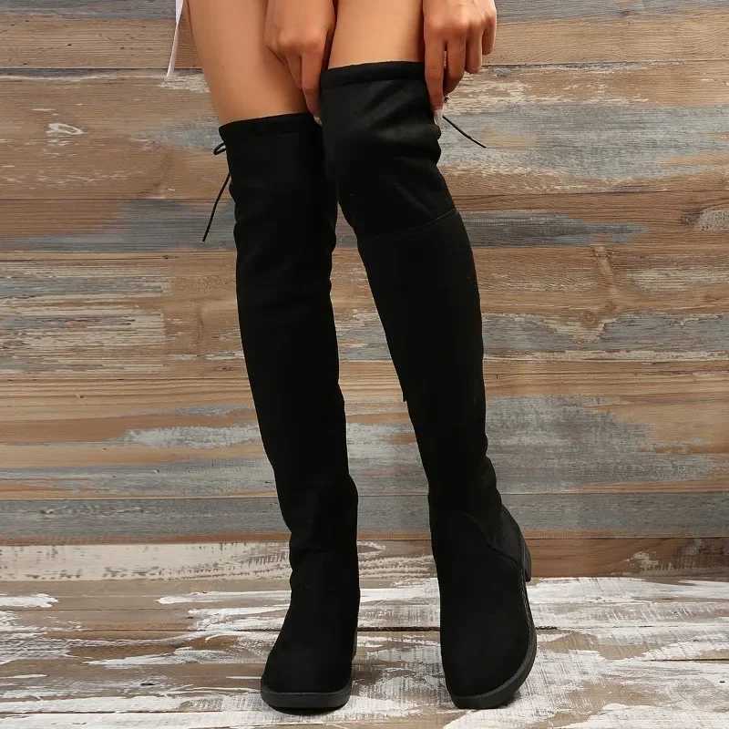 Fashion Slim Over The Knee Boots Women Autumn Winter Short Plush Long Boots Woman Black Flock Low Heel Thigh High Botas Big SizeC250210