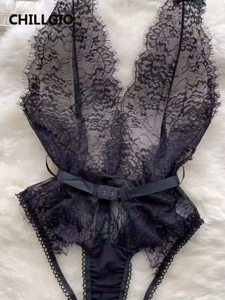 CHILLGIO Women Sexy Floral Lace Strappy Rompers Ins Erotic Combination Bodysuits Lingerie Fashion One Piece Tranparent Catsuits 250210