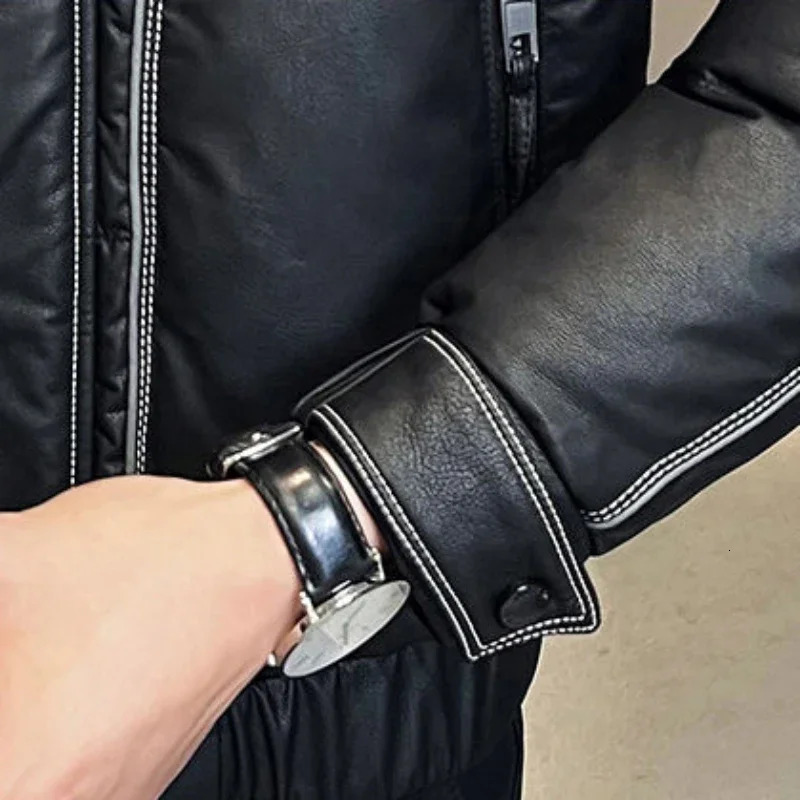 Lapel Short Thicken Warm Large Size Outwear Business Casual Solid Color Outcoat Winter Men Leather Down Jacket Male Fashion 250109Z