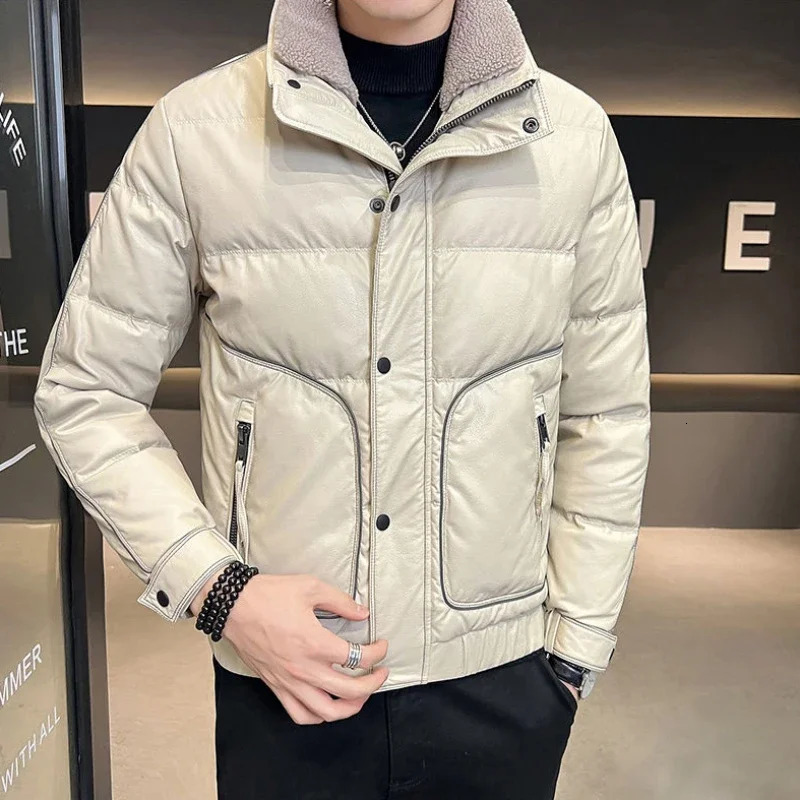 Lapel Short Thicken Warm Large Size Outwear Business Casual Solid Color Outcoat Winter Men Leather Down Jacket Male Fashion 250109Z