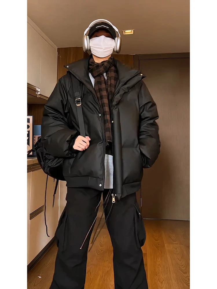 PU leather embroidered stand collar down jacket mens winter American threeproof work highend short bread coat 250109Z