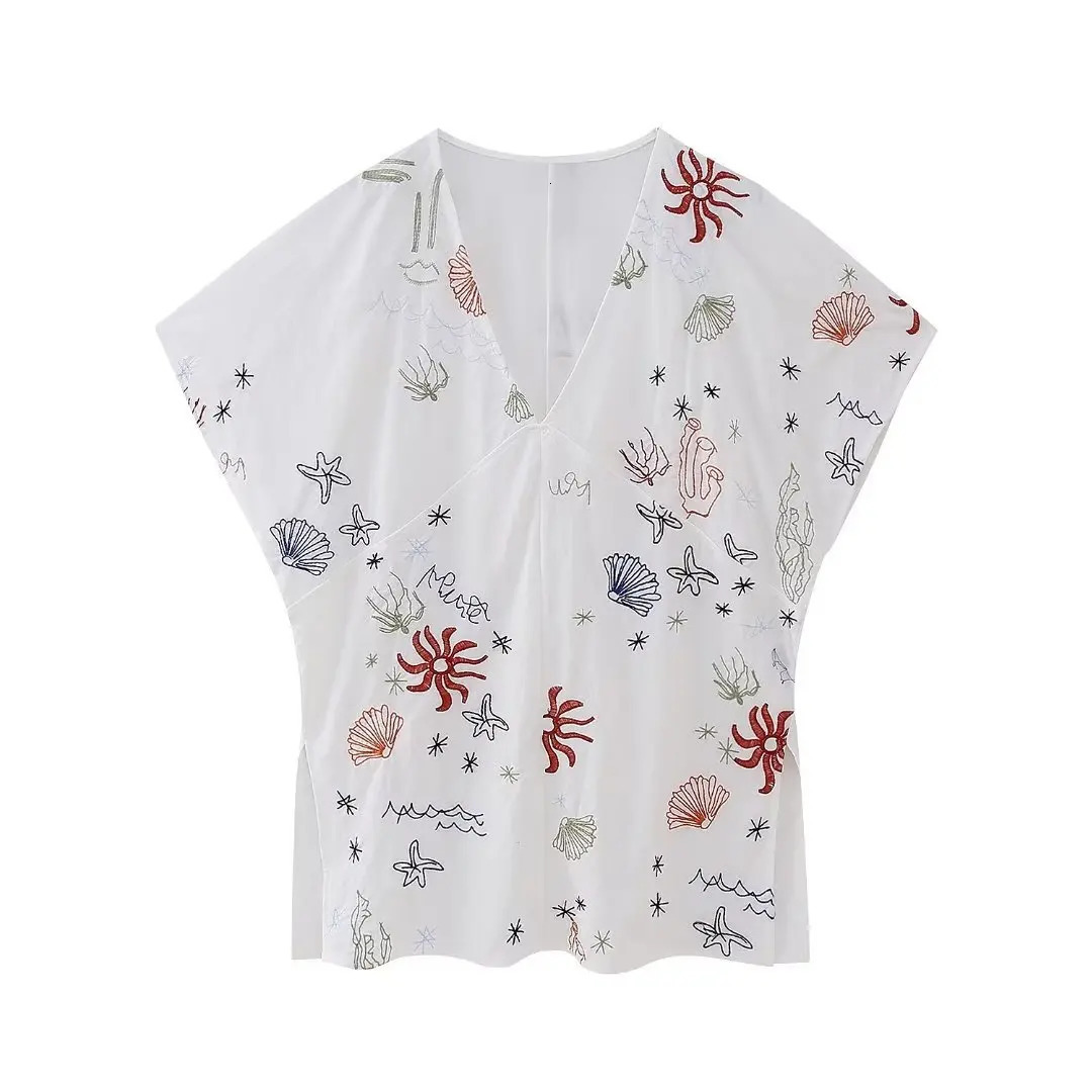 Casual High Waist Pants Suits Ladies V-neck Short Sleeve Tops Tee Summer Two Piece Floral Embroidery Pants Sets for Women 250210