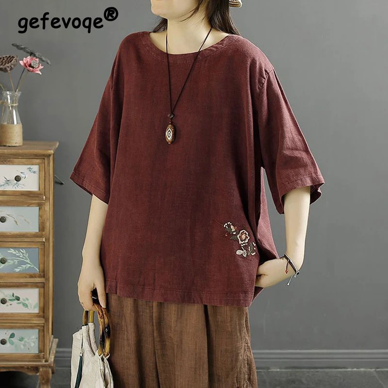 Womens Vintage Cinese Etnic Etnic Grovine T-Shirt Di Cotone Oversize Cotton Summer Simple Casual O Neck Pullover Tops 250208-image