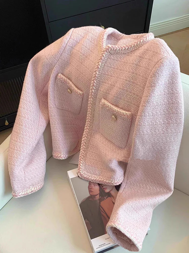 Jmprs Women Sweet Pink Tweed Jackets Elegant Fashion Long Sleeve Patchwork Korean Coat Casual High Quality Open Stitch Outwear 250208