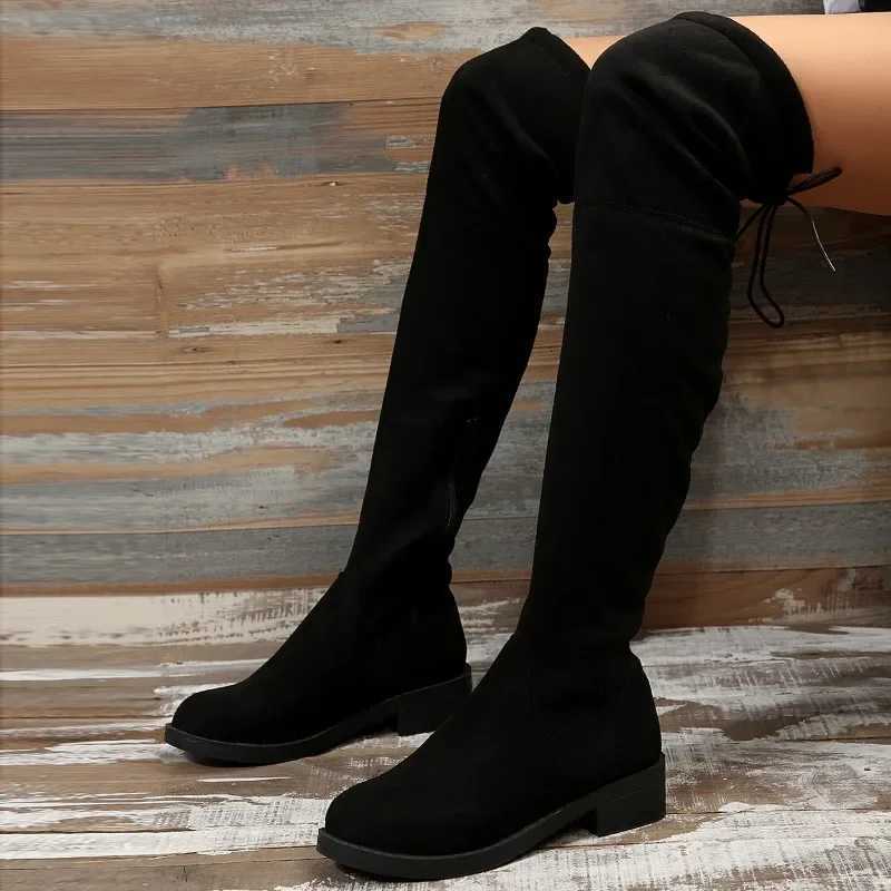Fashion Slim Over The Knee Boots Women Autumn Winter Short Plush Long Boots Woman Black Flock Low Heel Thigh High Botas Big SizeC250210