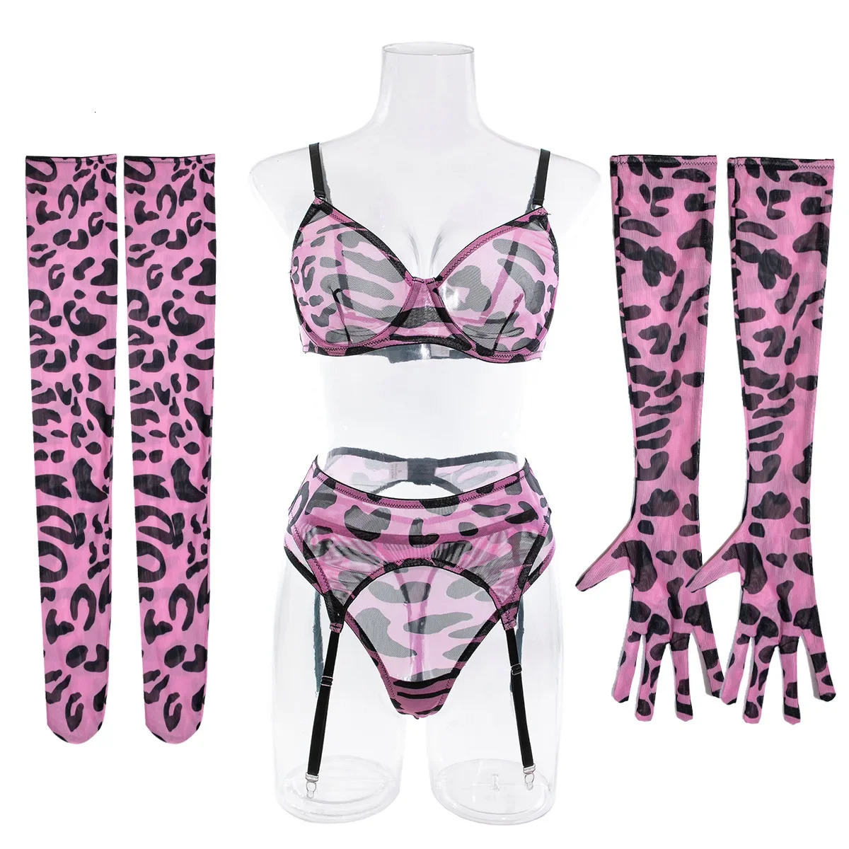 Sexy Pink Leopard Printed Bra Gloves Leg Socks Lingerie Set Womens Perspective Comfortable Mesh Exotic Apparel Underwear Suit 250210