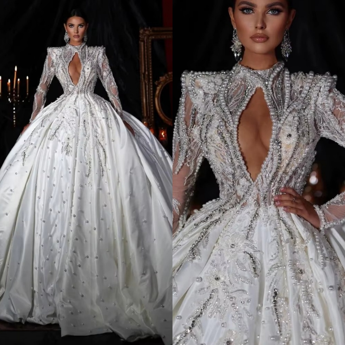 Ball Wedding Dress For Women High Collar Long Sleeves Bridal Gown Crystal Pearls Sequins Sweep Train Dresses Custom Made vestidos de novia
