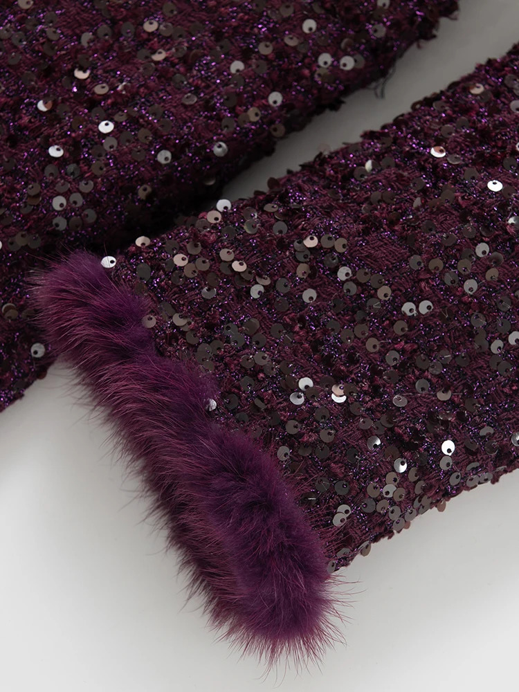 Seasixiang Double Breasted Sequins Tweed Coat For Women Turndown Collar Long Sleeves Feathers Office Lady Outerwear Female 250109Z