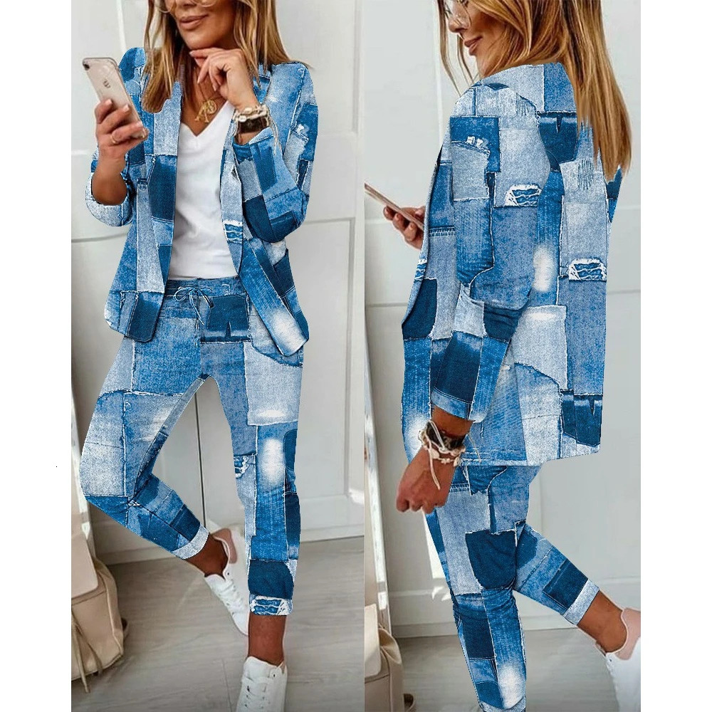 2-Piece Denim Look Print Blazer Coat and Drawstring Pants Sets for Women Casual Outfits Elegant Suit Spring and Autumn Clothing 250210