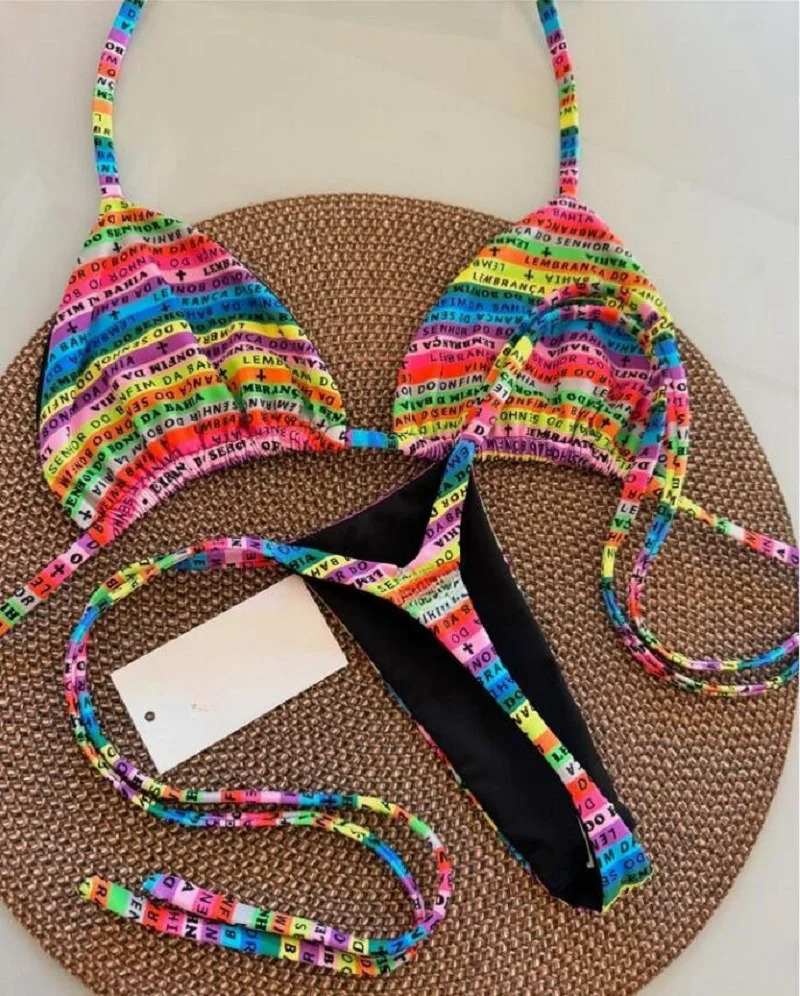 RUOTONSEPT Letters Printed Colorful Mini Thong Bikini Women Swimwear Female Swimsuit Twopieces set Bather Bathing Suit 250208Z