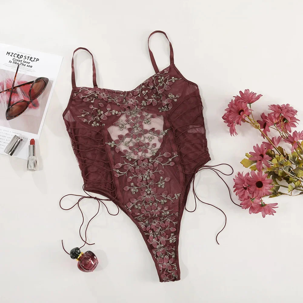 Womens Sweet Lace Flower Embroidery Strap Lingerie Set Sexy Perspective Temptation Jumpsuit Female Solid Exotic Apparel Suit 250210
