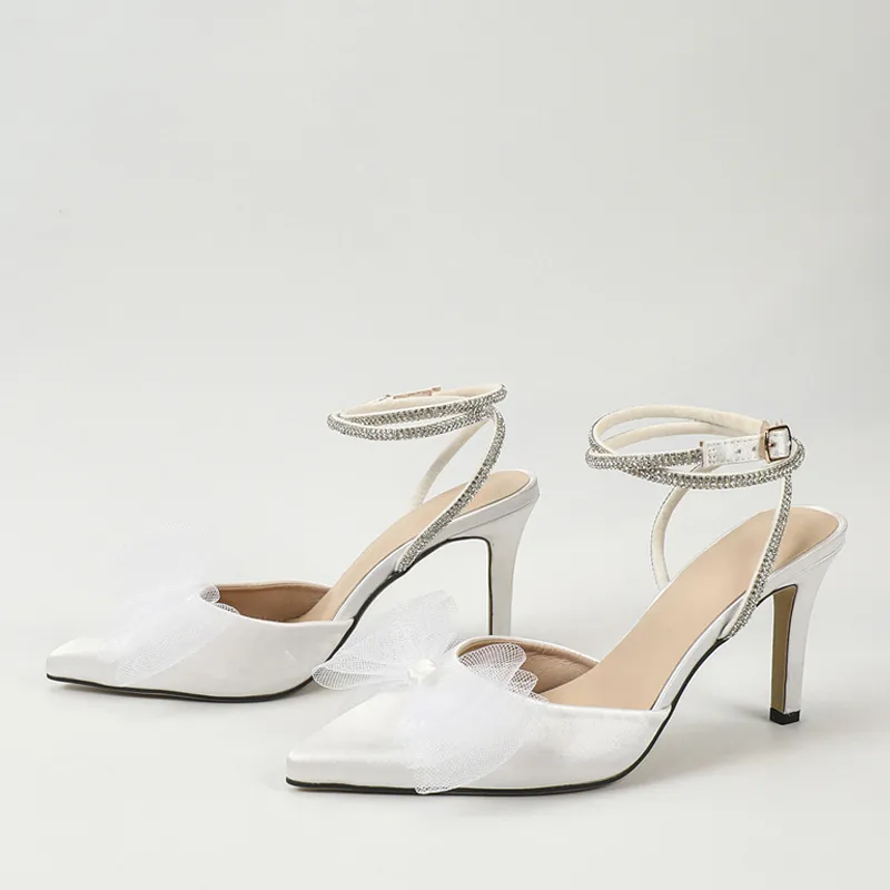 Liyke Elegant Women Wedding Bride Shoes White Mesh Butterfly Knot Pointed Toe Crystal Rhie High Heels Mules Sandals Pumps