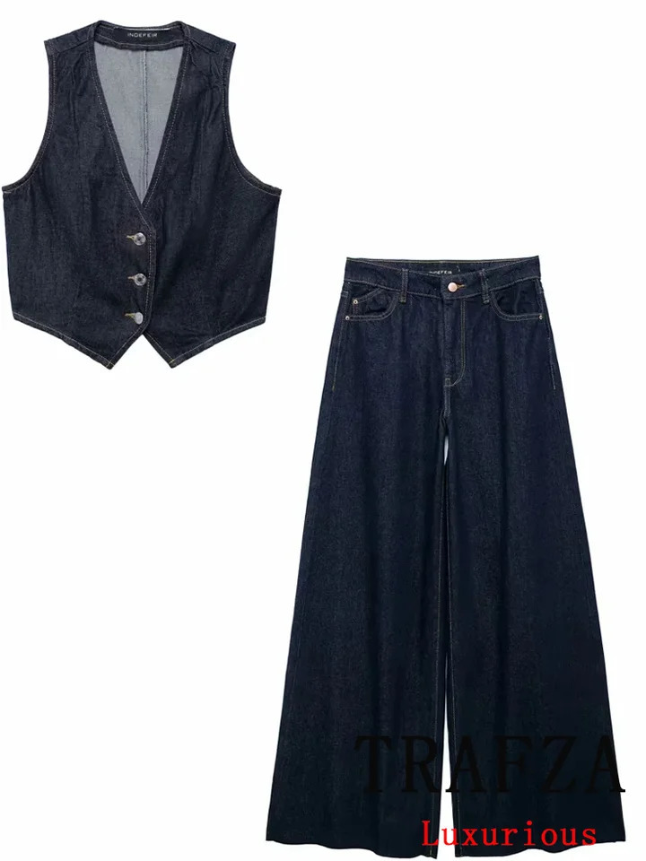 TRAFZA Vintage Office Lady Solid Denim Women Suit V-Neck Single Breasted Vest Straight Loose Pants Fashion Autumn Sets 250210