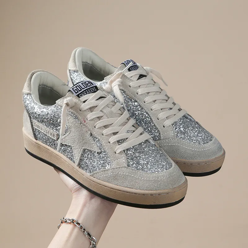 Women Casual Shoes:Korean Version Genuine Leather Fashion Versatile Flat Bottom Sequined hot Star Lace-up Trendy Shoes,Sier,Free shipping