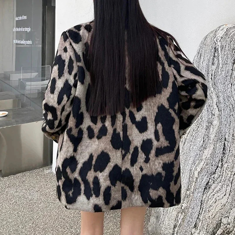 Leopard Print Women Jacket Autumn Winter Chic Office Lady Coat 2024 Vintage Fashion Long Sleeve Pocket Female Blazers Jacket 250208