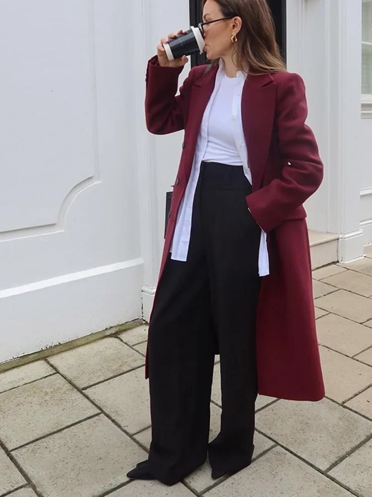 Street Womens Burgundy Woolen Overcoat With Belt Vintage Lapel Double Breasted Long Coat 2024 Autumn Winter Lady Chic Outwear 250109Z