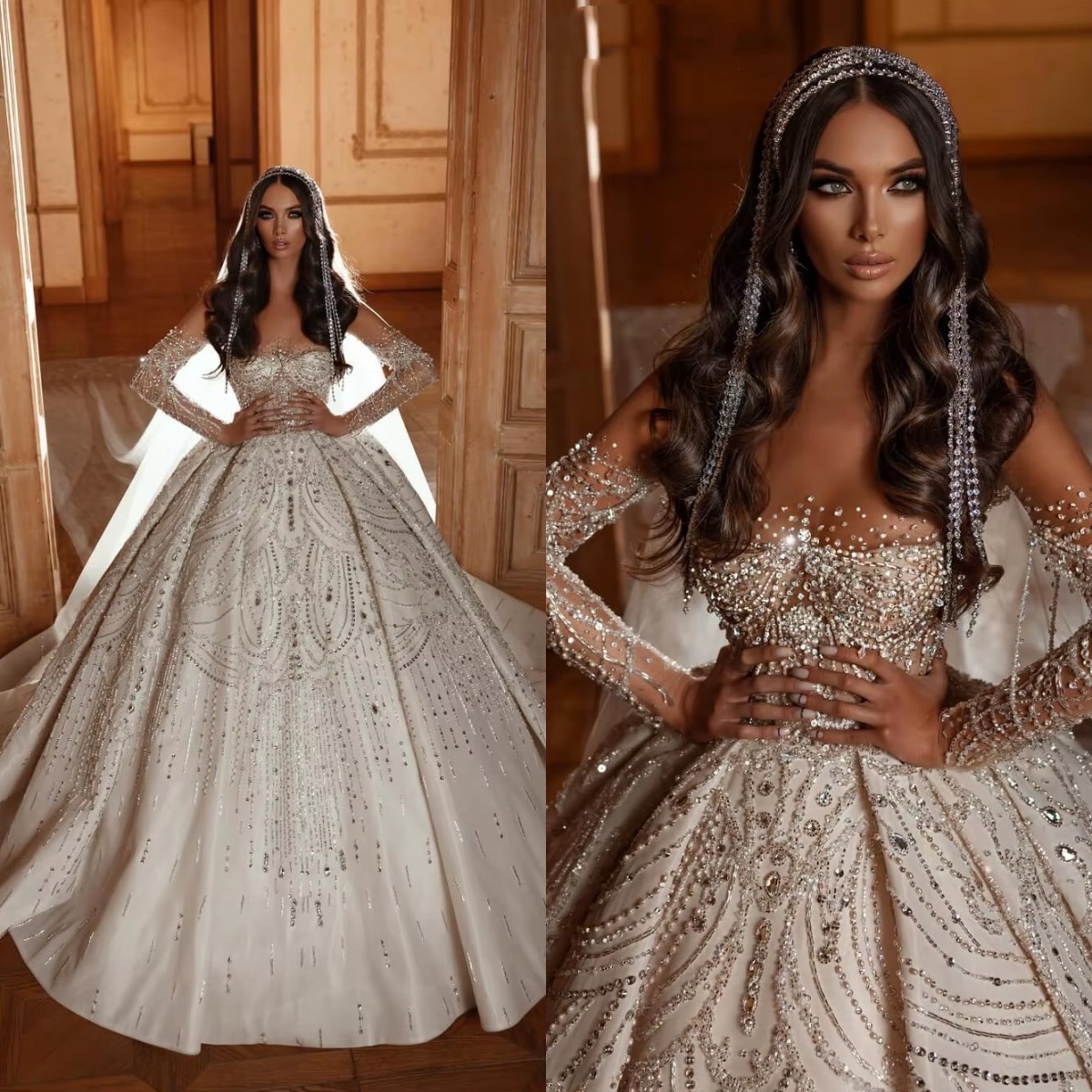 Gorgeous Women Wedding Sheer Neck Long Sleeves Bridal Gowns Crystal Pearls Sequins Sweep Train Dress Custom Made vestidos de novia
