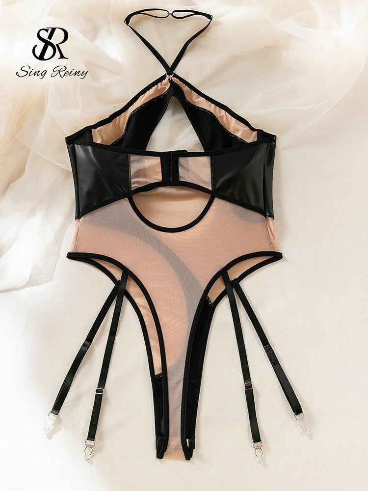 SINGREINY Halter Hollow Out PU Leather Playsuits Women Strapless Shapewear 2024 Fashion Patchwork Sheer Backless Sexy Bodysuits 250210